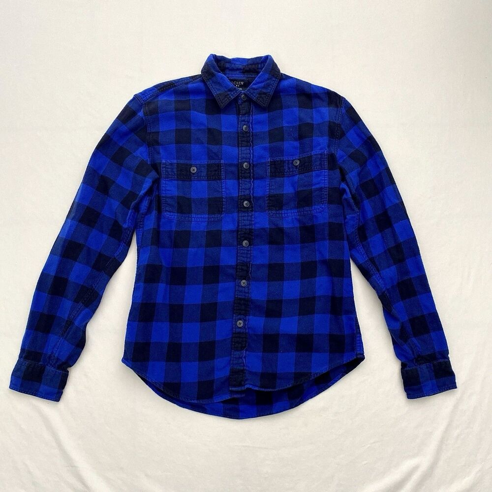 J Crew Flannel Shirt Mens Small Blue Buffalo Check Button Down Cotton Grunge
